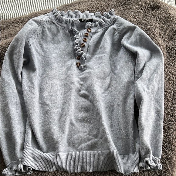 Blue Gray Ruffled Button Sweater - Picture 1 of 4